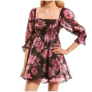 Thirty Thirty LA Pink Plum Floral Organza Babydoll Mini Dress Sz S Feminine Sexy